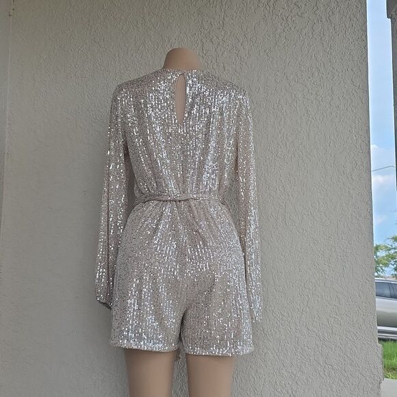 BRAND NEW BLUEBELLE SILVER SEQUIN JUMPSUIT with WRAP V-NECK - Picture 6 of 15